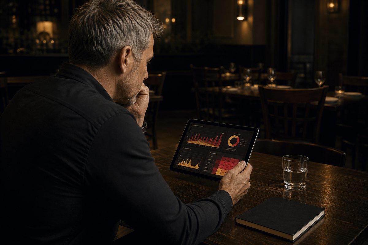 A man sits alone at a dark wooden table in an empty restaurant after service, holding a tablet showing charts; a glass of water and a closed black notebook beside him.
