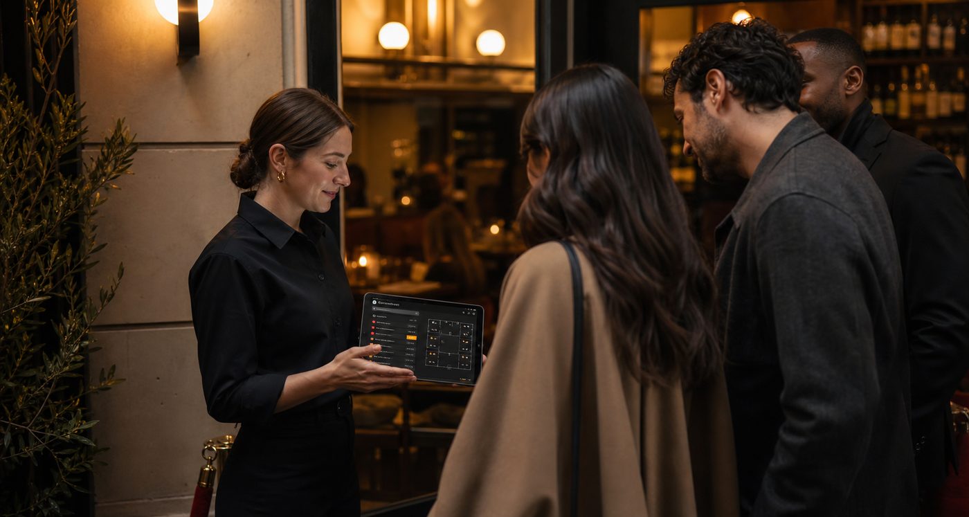 A host in black greets two arriving guests at a restaurant door in the evening, showing them a tablet; a colleague and a lit wine shelf behind her.