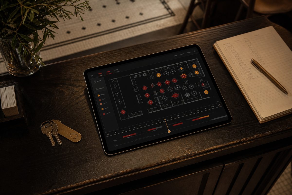 A tablet lies on a dark wooden host stand beside a brass keyring, a paper reservation book with a gold pen, and a glass of foliage.