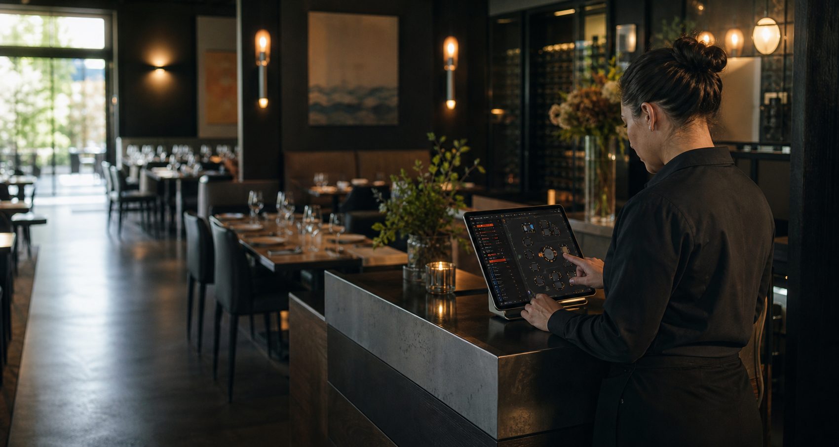 A woman in a black uniform works at a tablet on a stand at the host desk of a dark, warm dining room; laid tables, a wine wall and daylight through the front doors behind her.