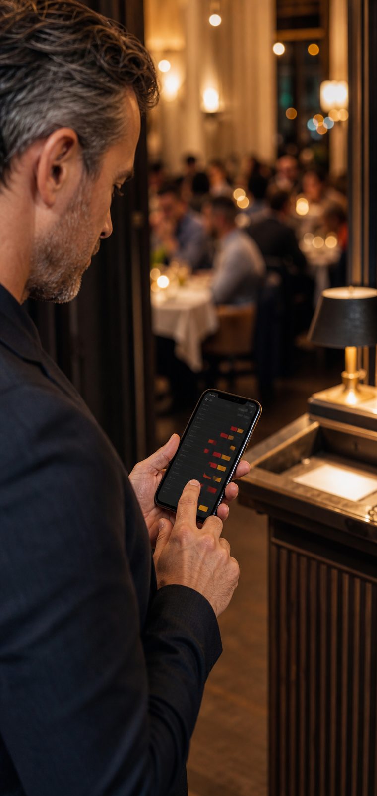 Over the shoulder of a man in a navy jacket holding a phone at the edge of a busy, softly lit dining room.