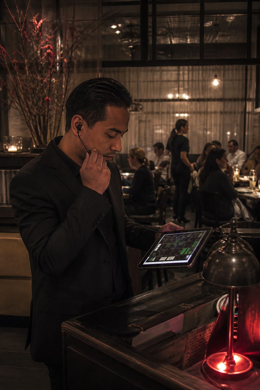 A maître d' in a black suit with an earpiece touches his ear as he takes a call, holding a tablet at the host stand; behind him a full dining room mid-service and a red-shaded lamp.