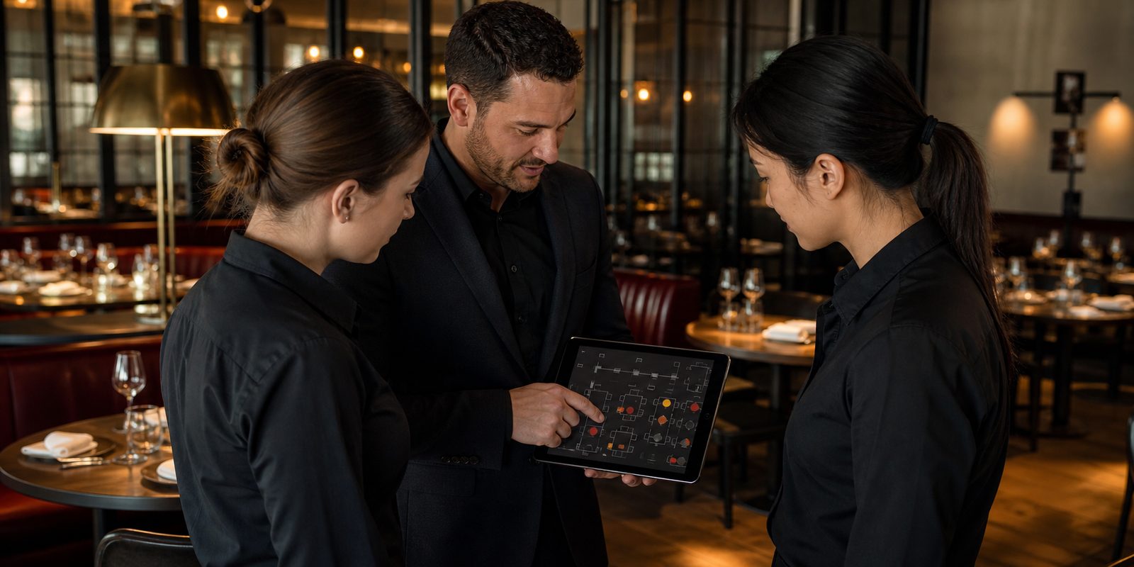 Three staff in black gather around a tablet before service: a manager between two servers, pointing at the screen, with the laid, empty dining room behind them.